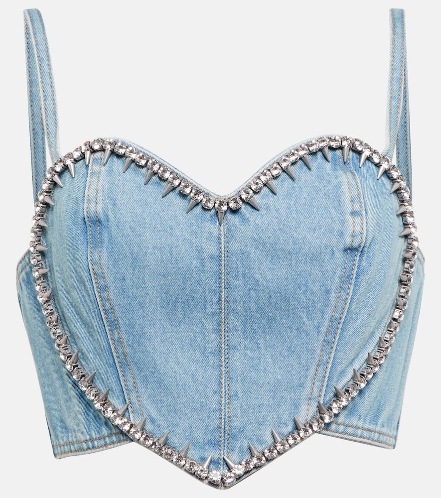Area Crystal-embellished Denim Crop Top In Light Blue