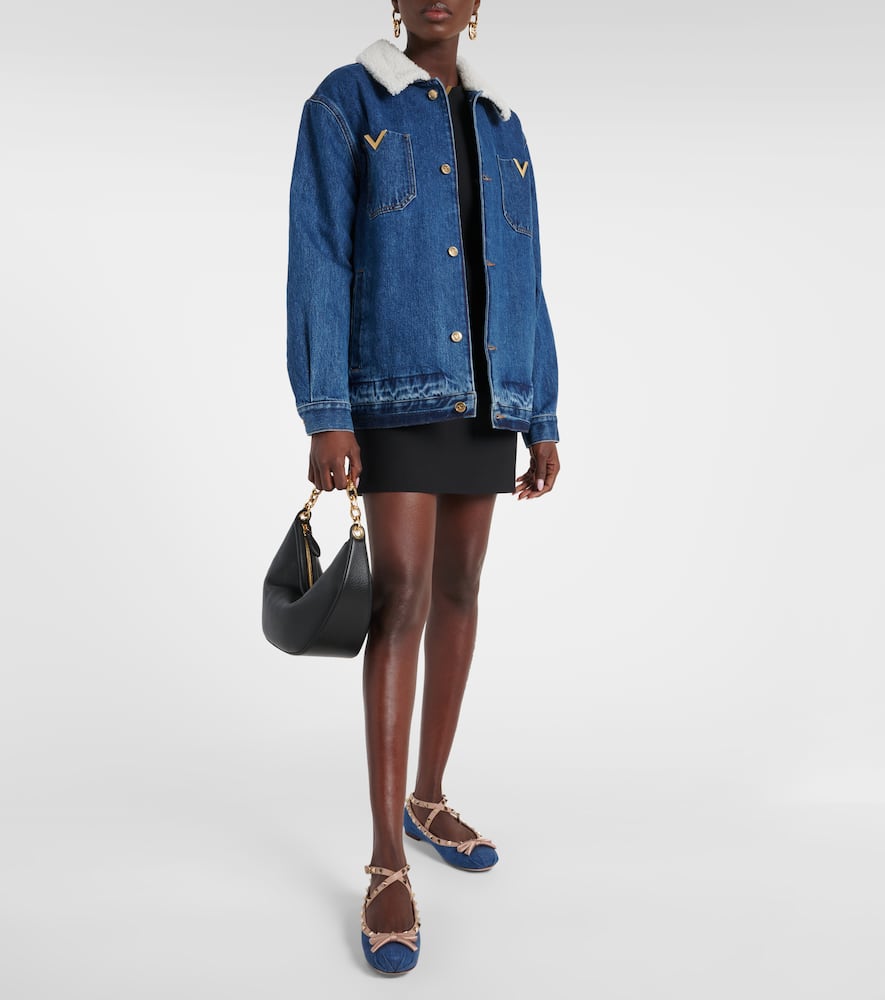 Valentino Rockstud Satin And Leather-trimmed Denim Ballet Flats In Blue