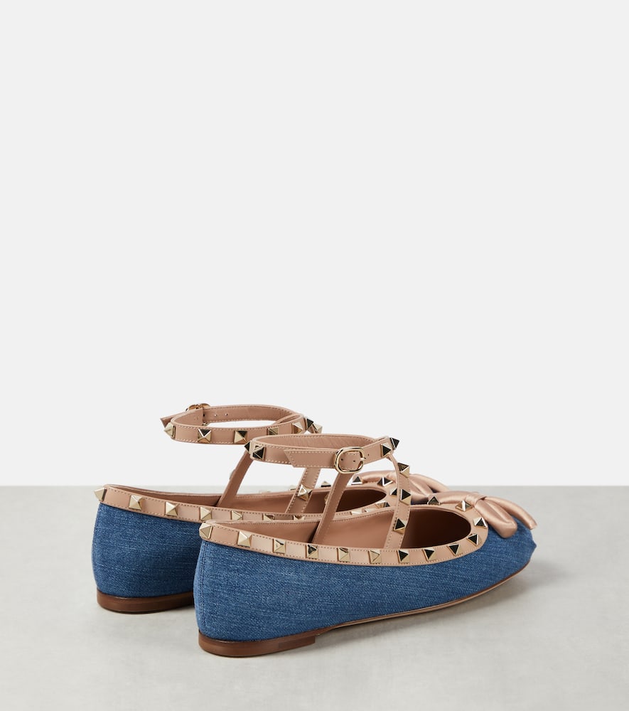 Valentino Rockstud Satin And Leather-trimmed Denim Ballet Flats In Blue