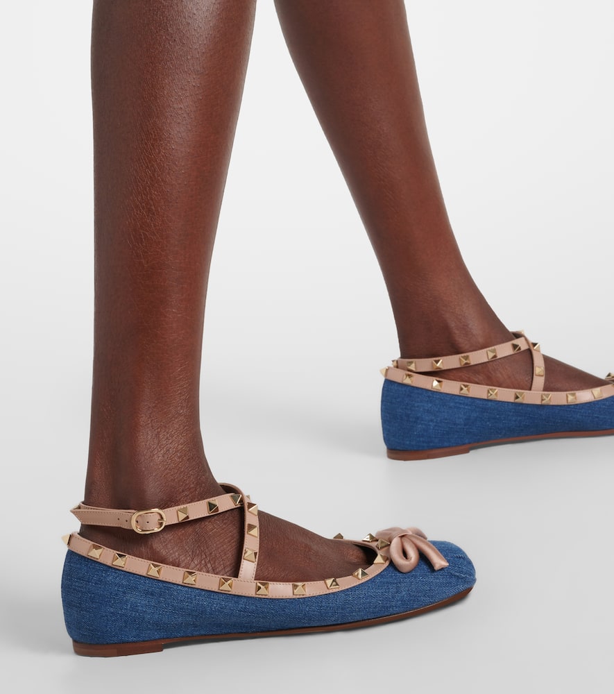 Valentino Rockstud Satin And Leather-trimmed Denim Ballet Flats In Blue