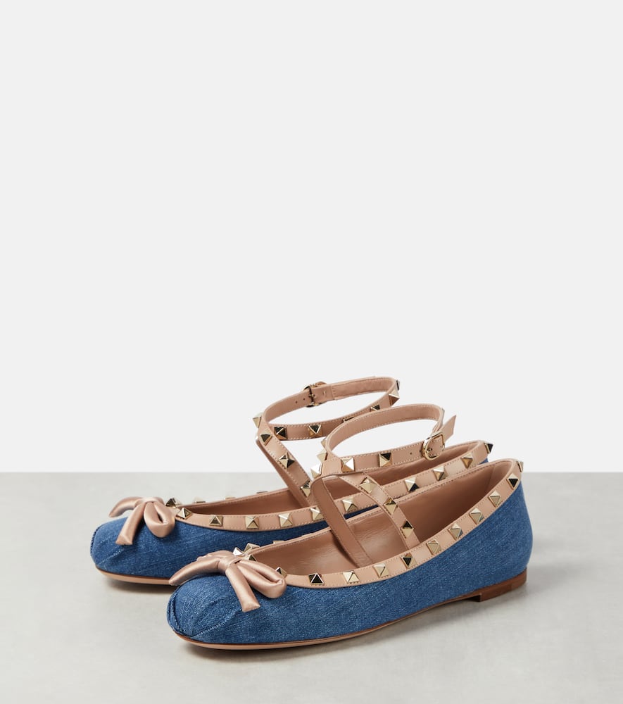 Valentino Rockstud Satin And Leather-trimmed Denim Ballet Flats In Blue