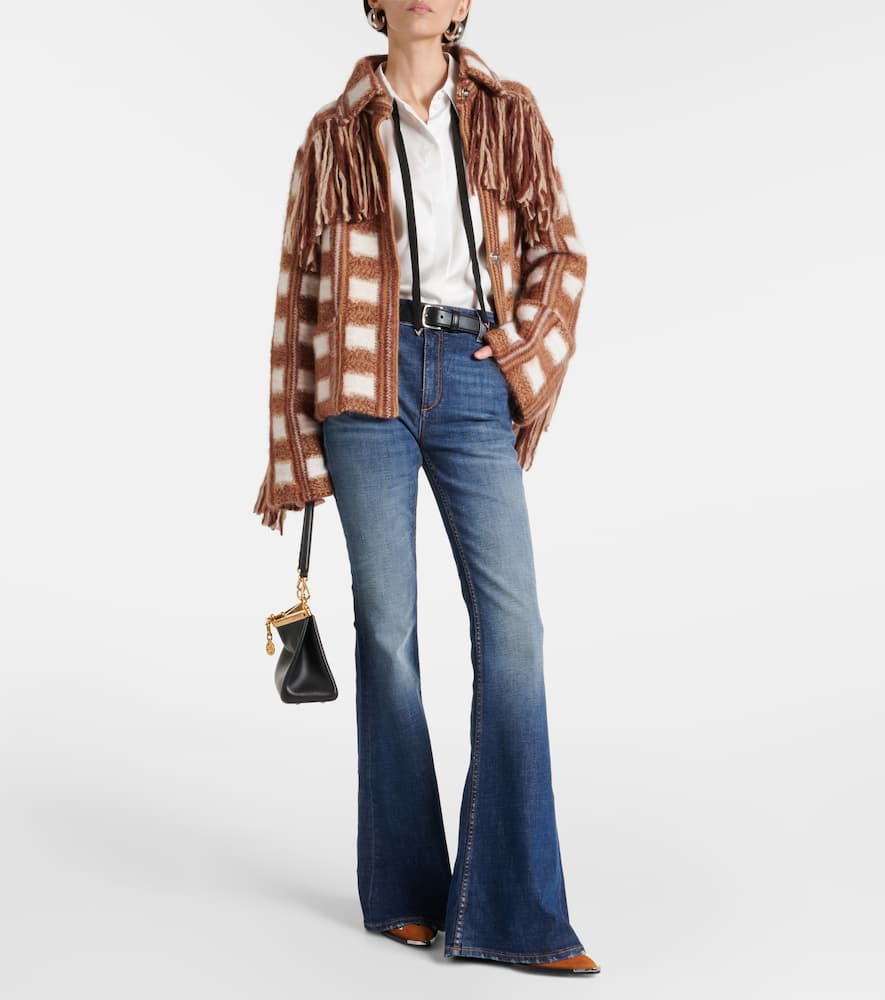 Shop Dorothee Schumacher Dizzy Fringed Checked Jacquard Jacket In Brown