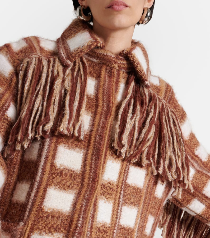 Shop Dorothee Schumacher Dizzy Fringed Checked Jacquard Jacket In Brown