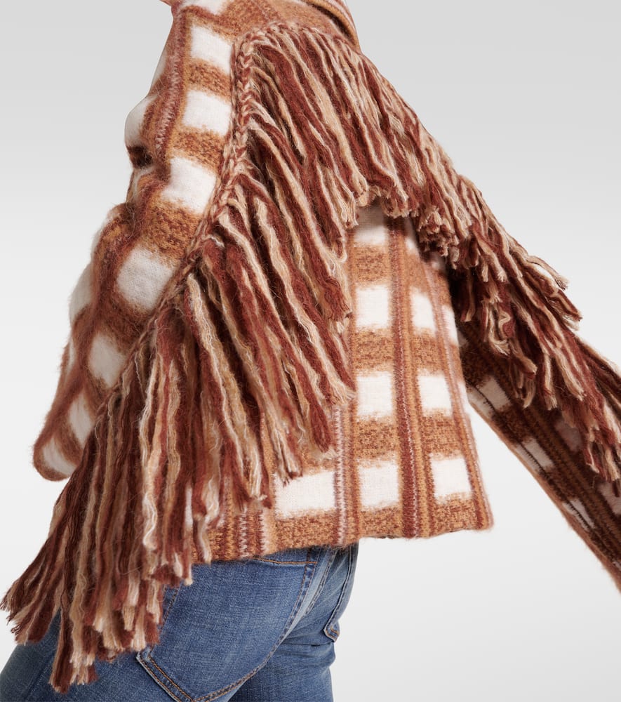 Shop Dorothee Schumacher Dizzy Fringed Checked Jacquard Jacket In Brown