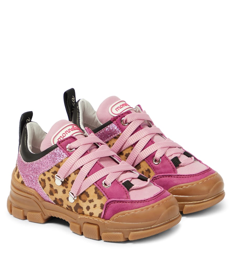 MONNALISA LEOPARD-PRINT LEATHER-TRIMMED SNEAKERS