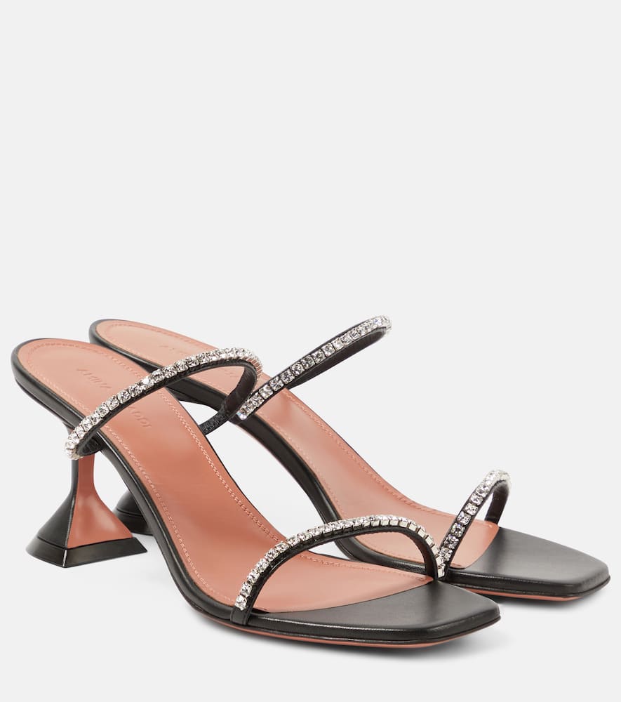 Amina Muaddi Gilda Embellished Slip-on Heeled Sandals In Black Satin In Black