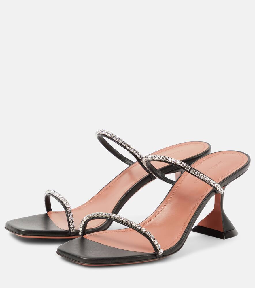 Amina Muaddi Gilda Embellished Slip-on Heeled Sandals In Black Satin In Black
