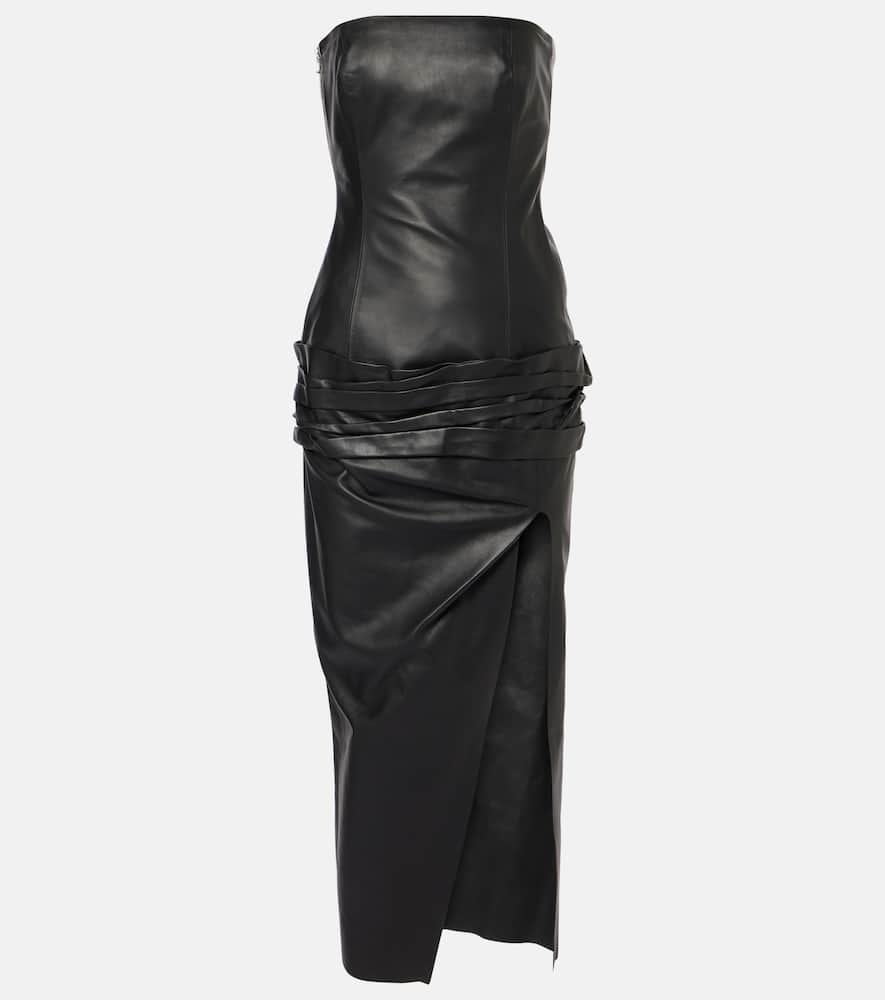 Draped strapless leather midi dress