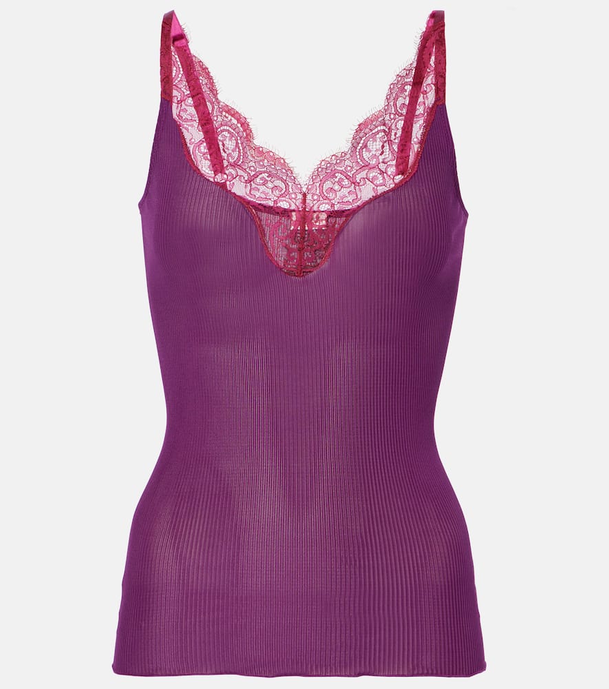 Saint Laurent Lace Tank Top In Ribbed Silk Jersey In Purple