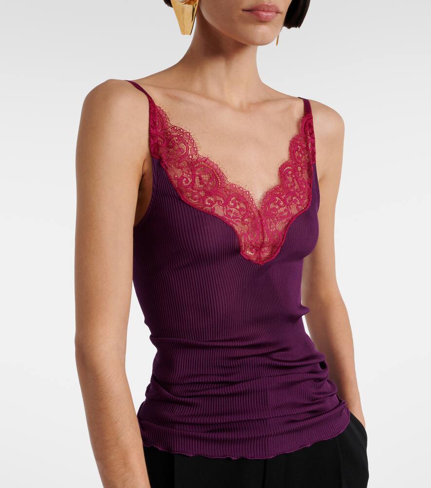 Saint Laurent Lace Tank Top In Ribbed Silk Jersey In Purple