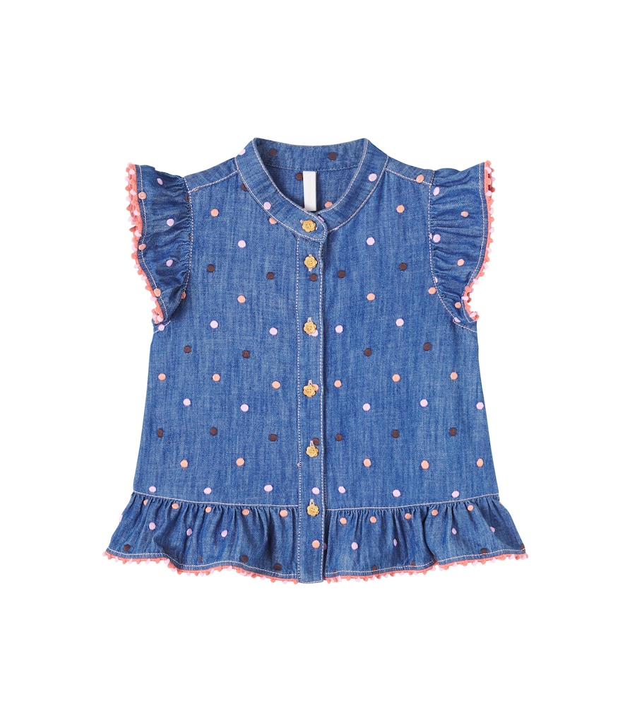 Zimmermann Kids Blue Embroidered Polka-Dot Ruffled Denim Top Y Size 4 - Mytheresa