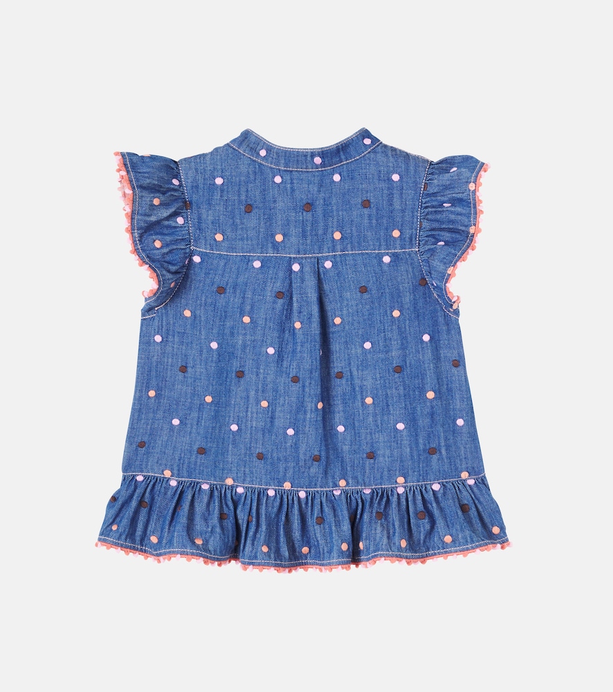  Zimmermann Kids Zimmermann Kids Embroidered Polka-dot Ruffled Denim Top 