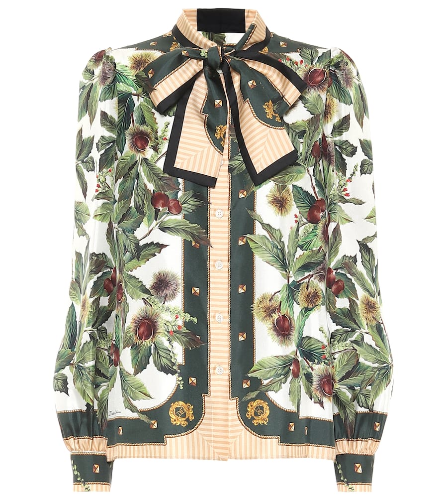 DOLCE & GABBANA PRINTED TIE-NECK SILK TWILL BLOUSE,P00517799