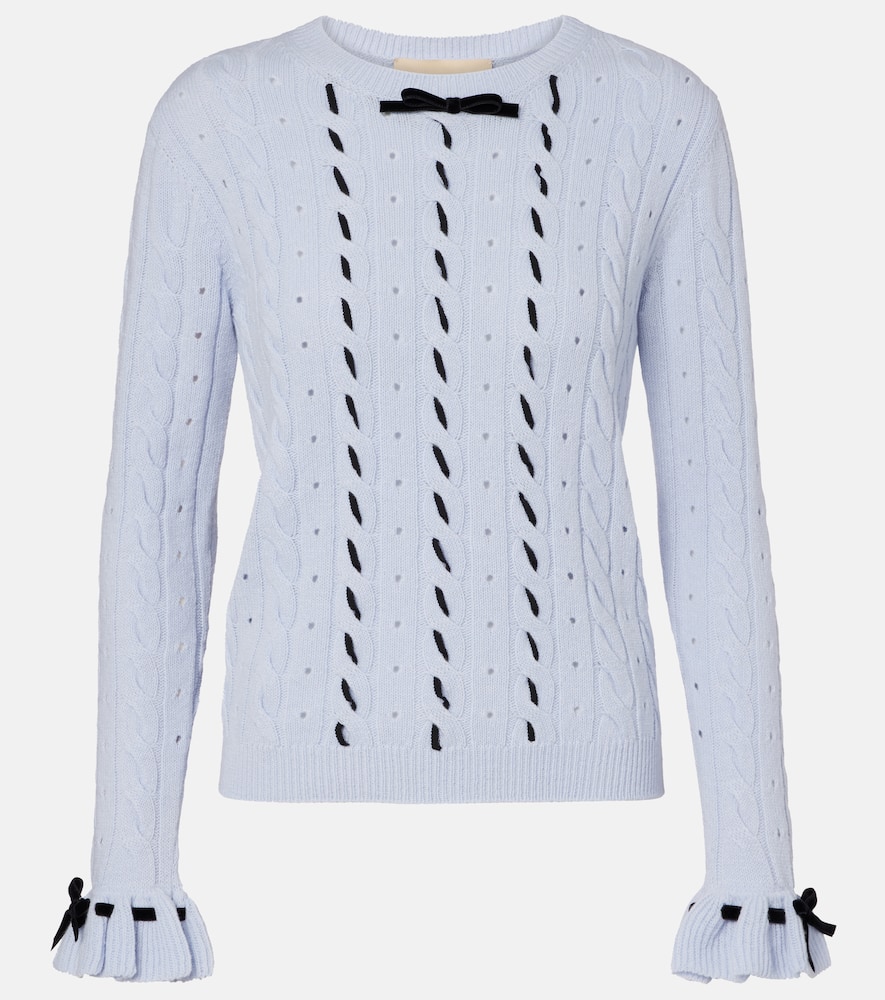 Valentino Bow-detail Cable-knit Virgin Wool Sweater In Blue