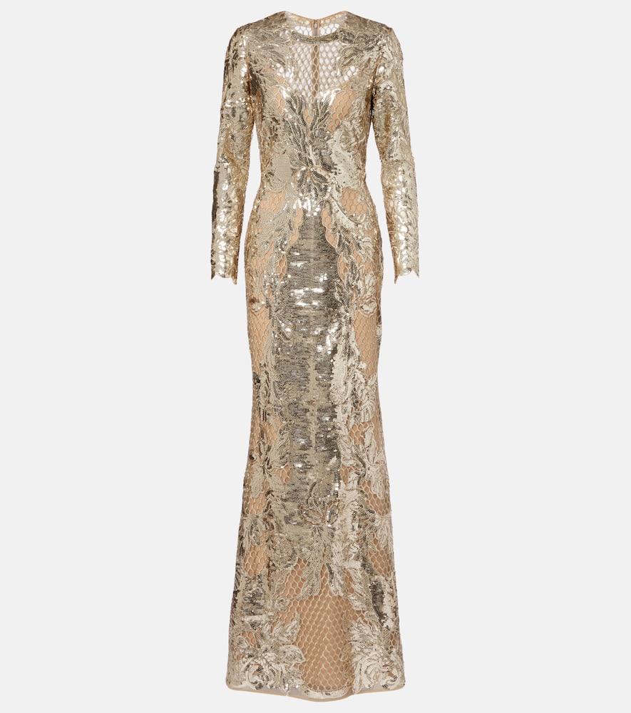 Elie Saab Embroidered Sequined Tulle Gown In Gold