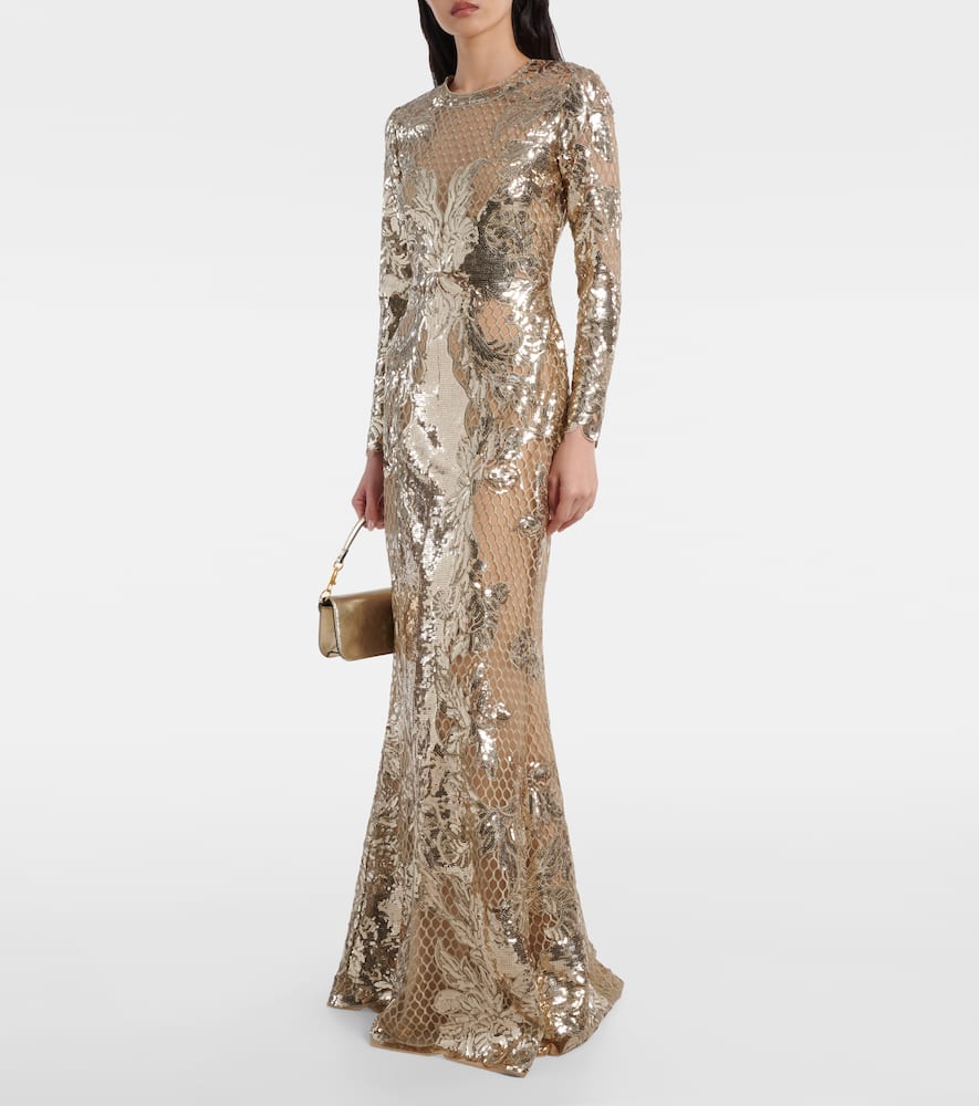 Elie Saab Embroidered Sequined Tulle Gown In Gold