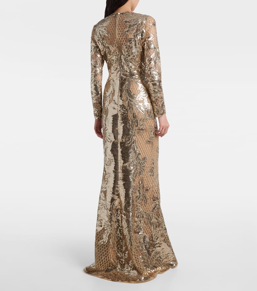 Elie Saab Embroidered Sequined Tulle Gown In Gold