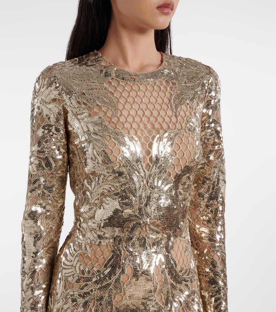 Elie Saab Embroidered Sequined Tulle Gown In Gold