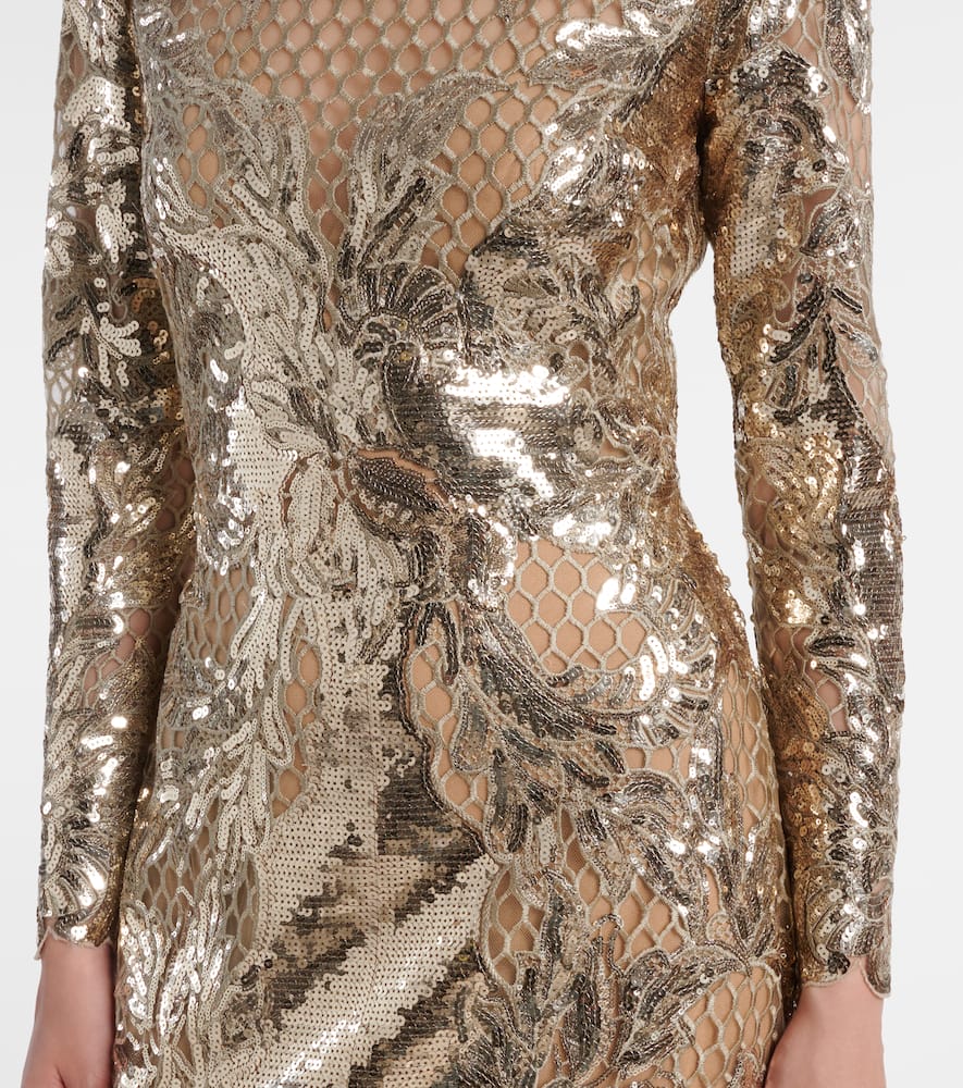 Elie Saab Embroidered Sequined Tulle Gown In Gold