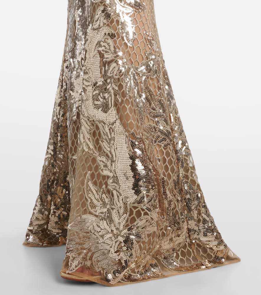 Elie Saab Embroidered Sequined Tulle Gown In Gold