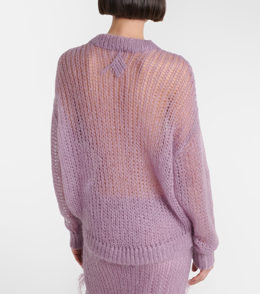 Attico Feather-trimmed Crochet-knit Mohair-blend Sweater In Purple