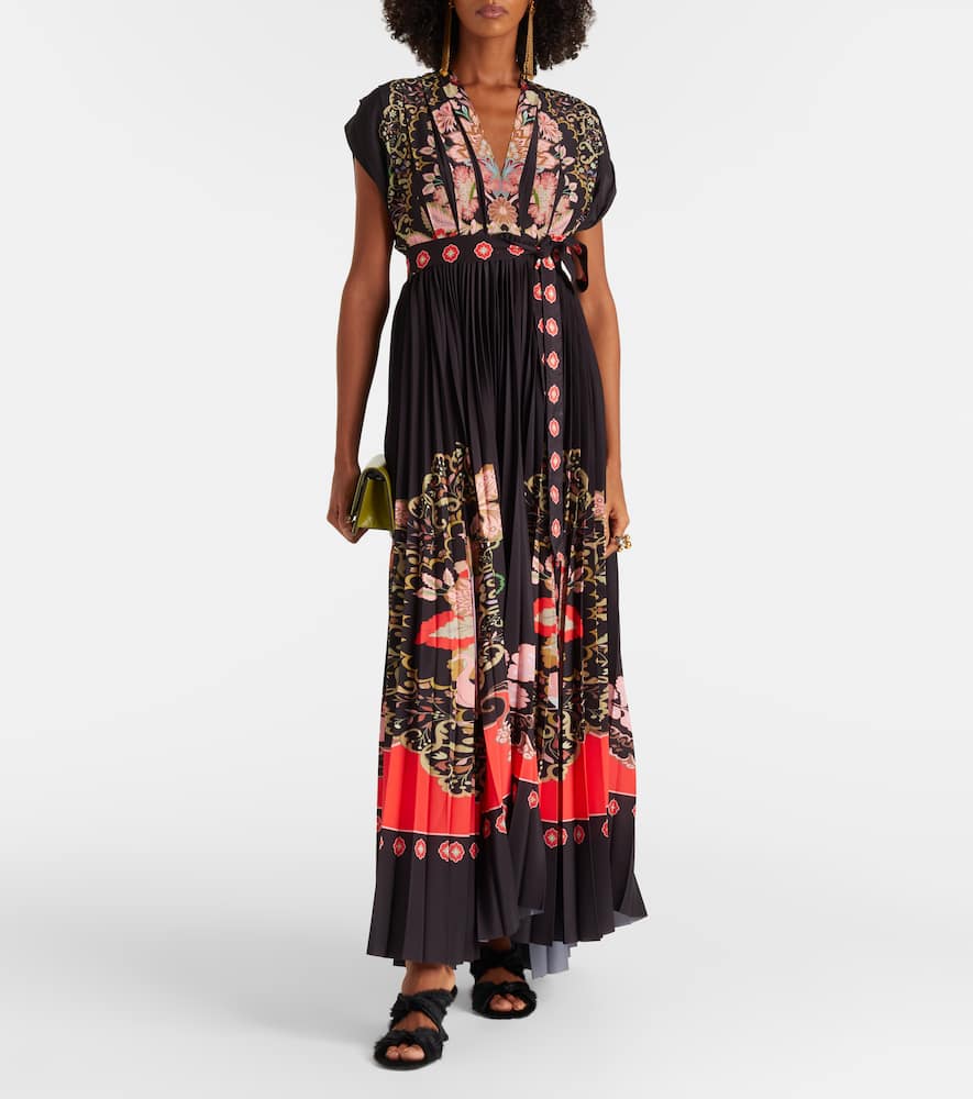 La Doublej Accordion Printed Plissé Maxi Dress In Black