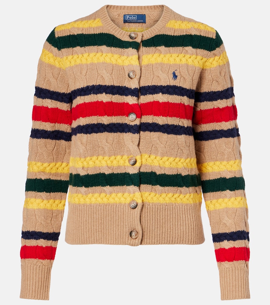 Polo Ralph Lauren Striped Cable Knit Cardigan With Ribbed Cuffs And Hem In Multi