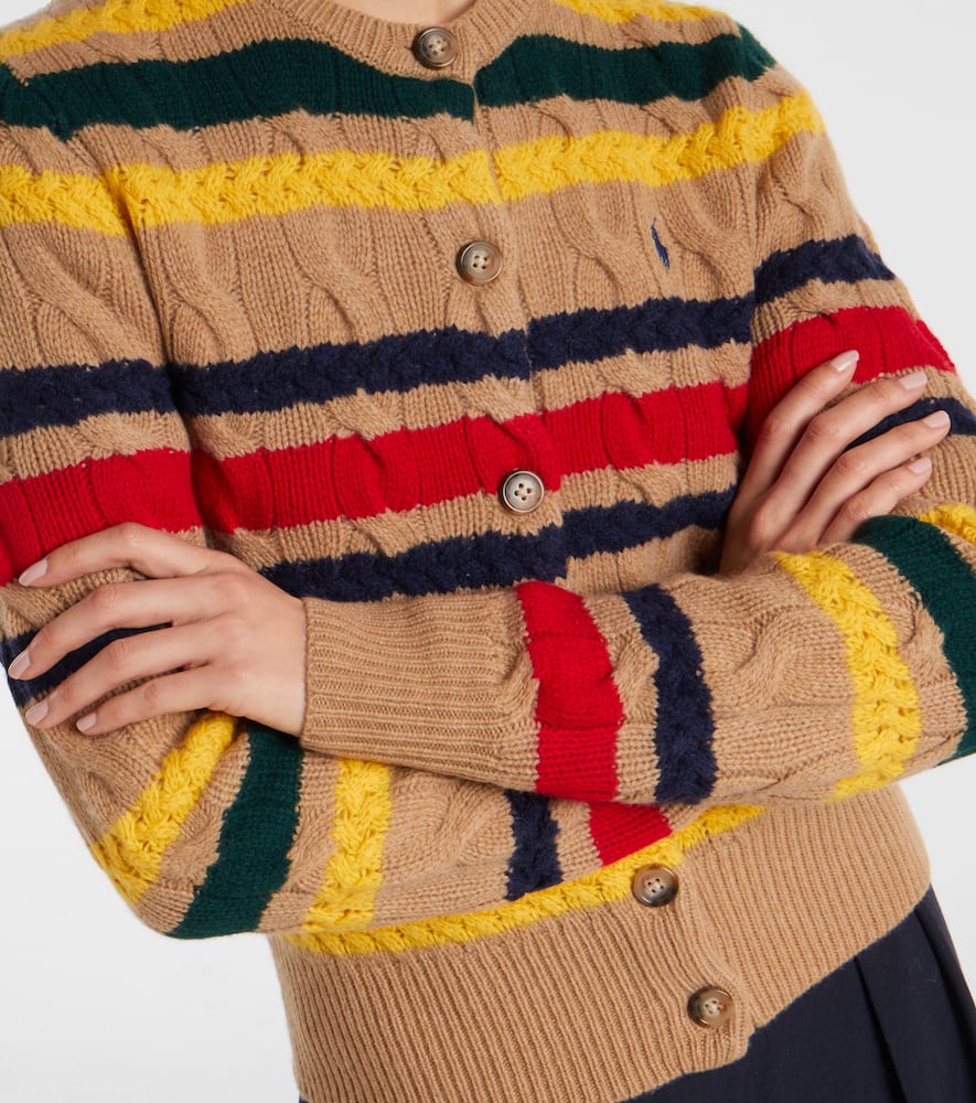 Polo Ralph Lauren Striped Cable Knit Cardigan With Ribbed Cuffs And Hem In Multi