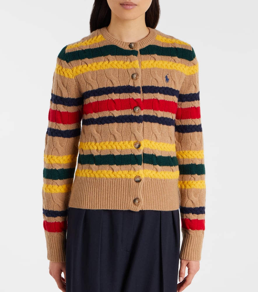 Polo Ralph Lauren Striped Cable Knit Cardigan With Ribbed Cuffs And Hem In Multi