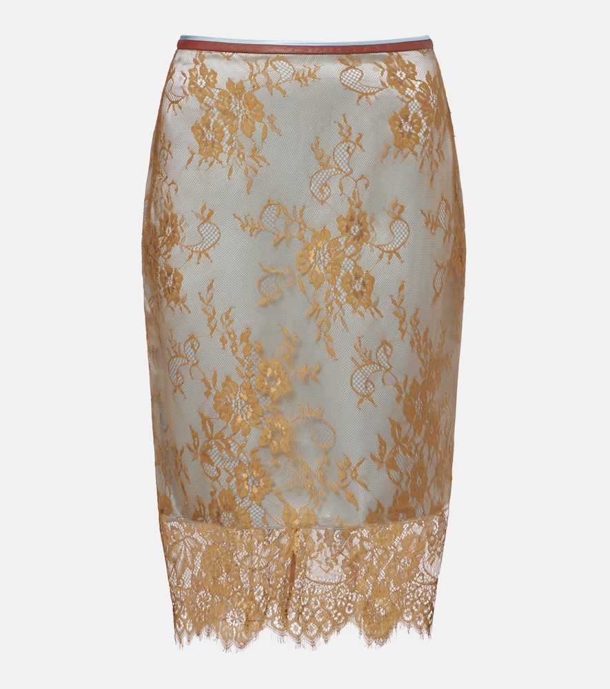 Jacques Wei Embroidered Leather-trimmed Lace Midi Skirt In Brown