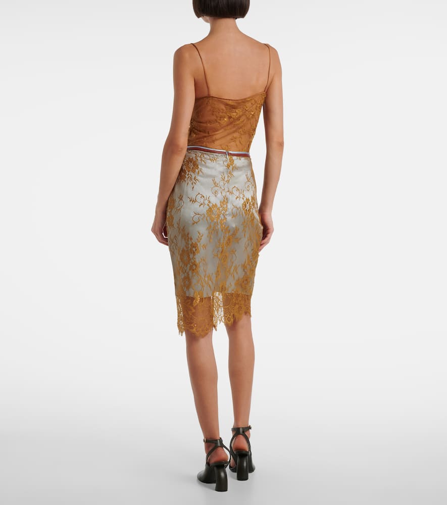 Jacques Wei Embroidered Leather-trimmed Lace Midi Skirt In Brown