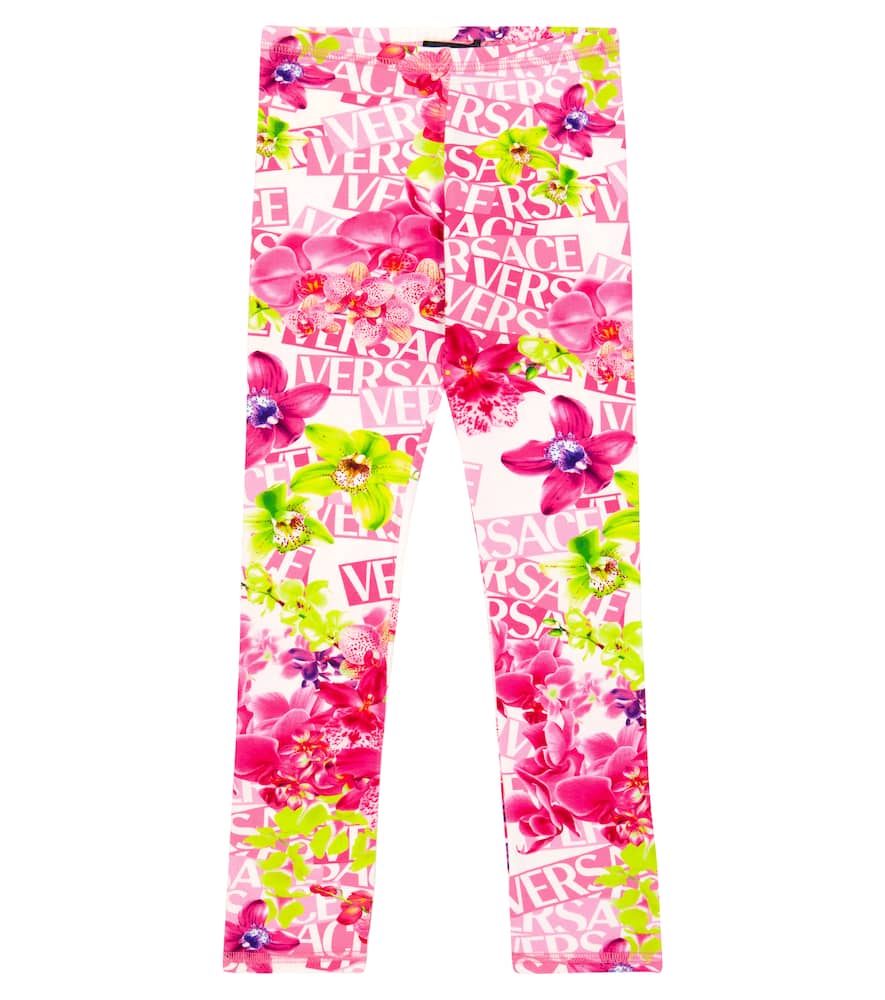 Versace Printed Cotton Blend Jersey Leggings In Bianco+rosa