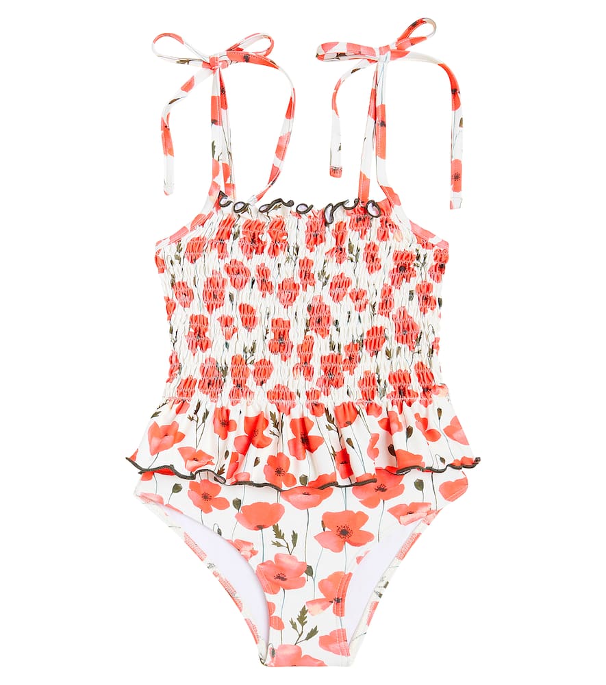 Shop Suncracy Valencia Floral Smocked Swimsuit In Red