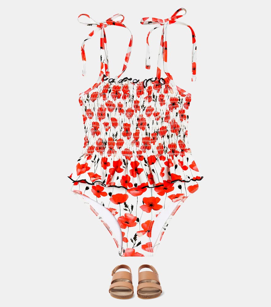 Shop Suncracy Valencia Floral Smocked Swimsuit In Red