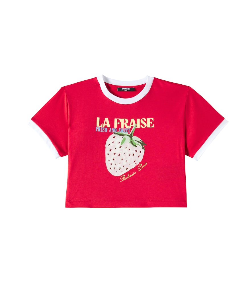 Balmain Strawberry Print Cropped T-shirt In Red