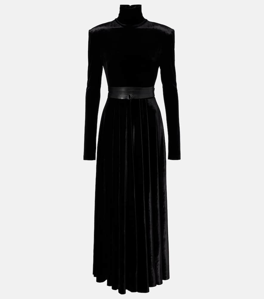 Norma Kamali Flared Turtleneck Velvet Midi Dress In Black