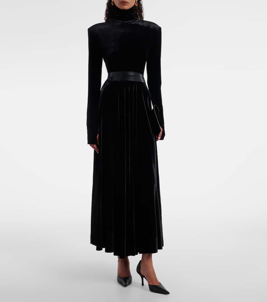 Norma Kamali Flared Turtleneck Velvet Midi Dress In Black