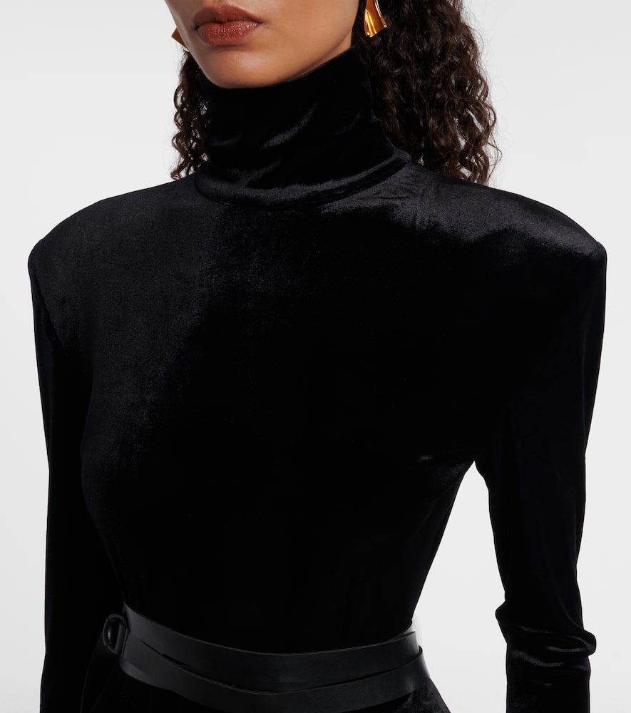 Norma Kamali Flared Turtleneck Velvet Midi Dress In Black