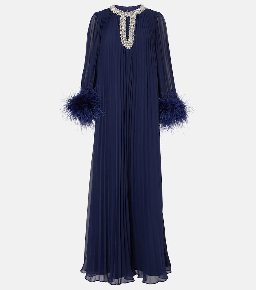 Plissé feather-trimmed chiffon maxi dress