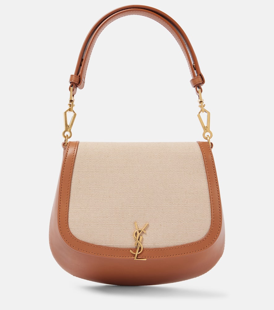 SAINT LAURENT VOLTAIRE LEATHER AND CANVAS SHOULDER BAG 