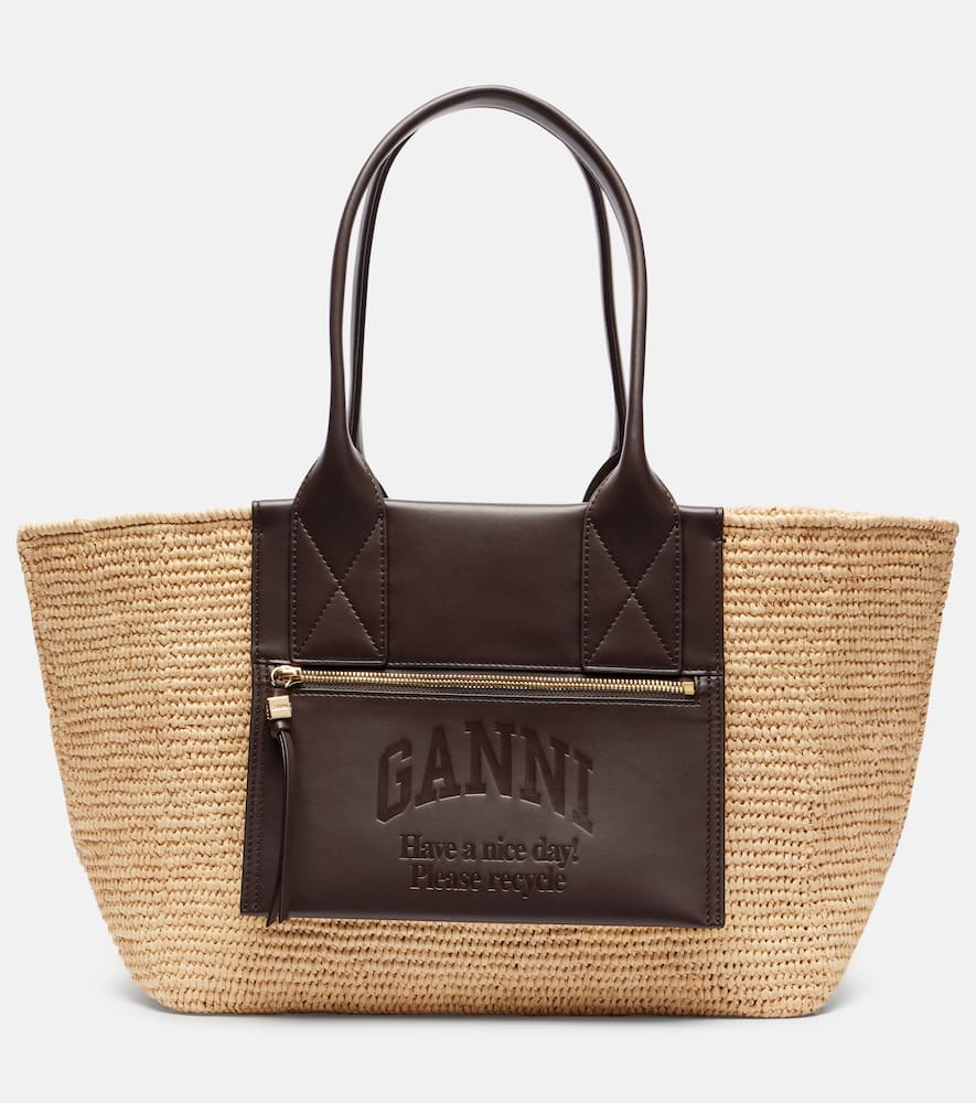 Faux leather-trimmed raffia tote bag