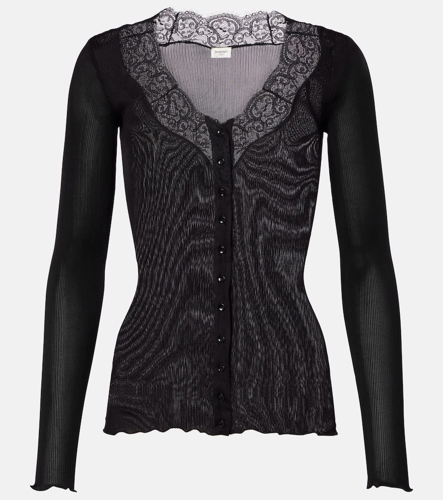 Lace-trimmed semi-sheer silk top