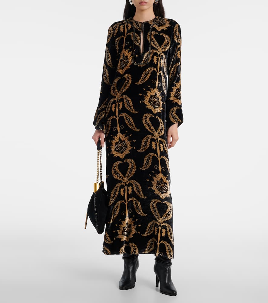 Johanna Ortiz Embroidered Velvet Maxi Dress In Black
