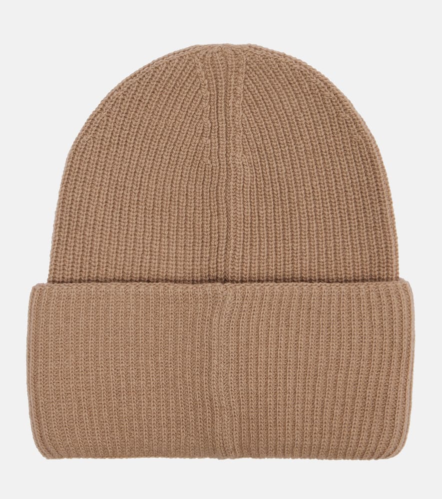 Moncler Ribbed Knit Wool Beanie With Felt Logo Patch In Brown