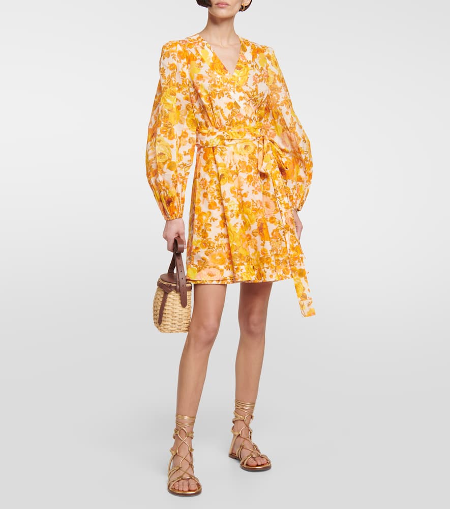 Shop Zimmermann Floral Cotton Wrap Minidress In Yellow/orange Floral