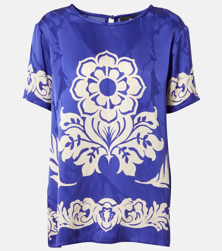 Etro Floral Print Satin Round Neck T-shirt In Blue