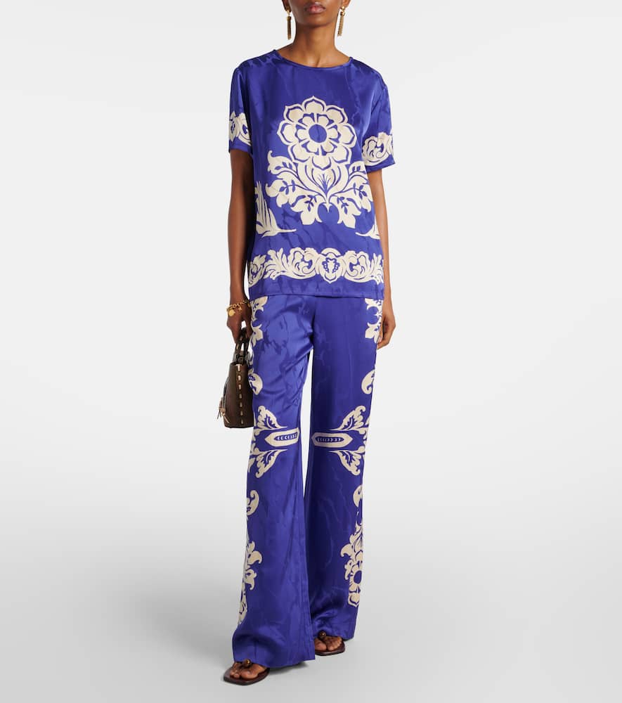 Etro Floral Print Satin Round Neck T-shirt In Blue