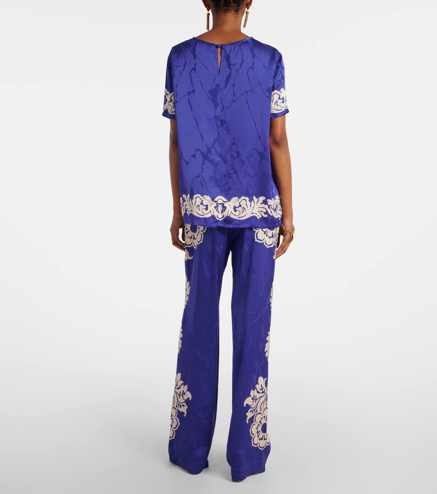 Etro Floral Print Satin Round Neck T-shirt In Blue