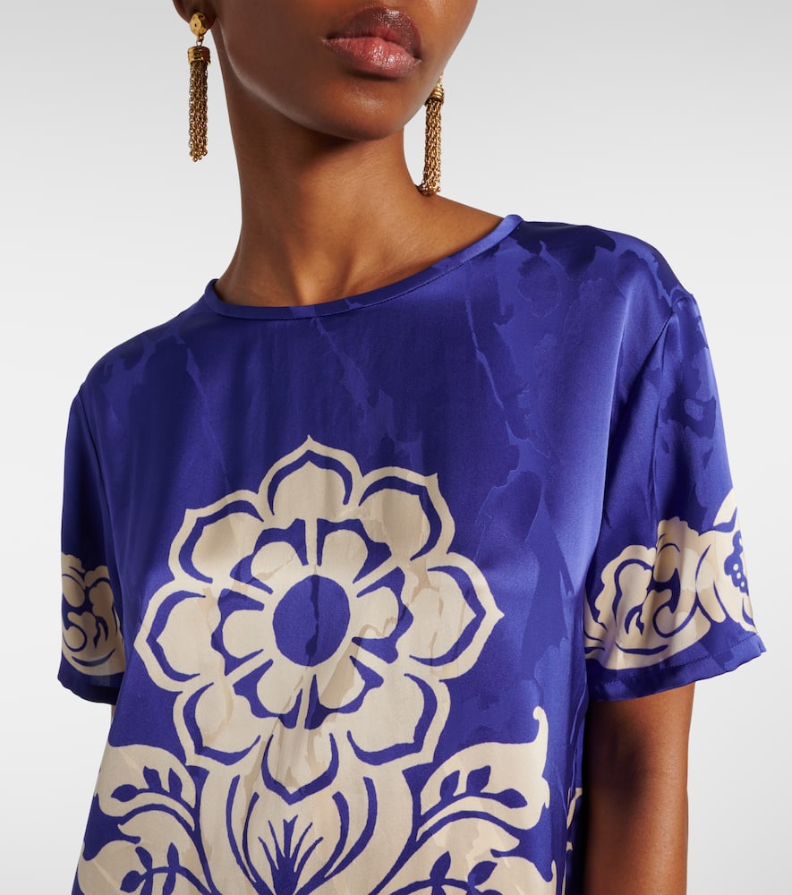 Etro Floral Print Satin Round Neck T-shirt In Blue