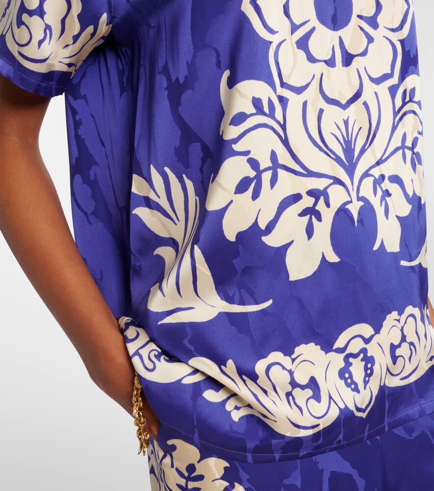 Etro Floral Print Satin Round Neck T-shirt In Blue